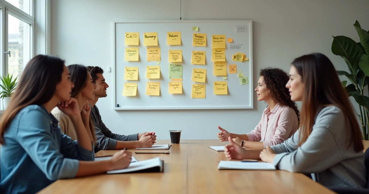 Group discussing values on a wall during a meeting 