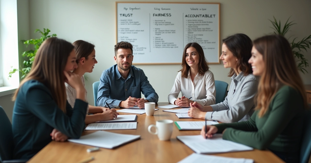 Team reviewing values during a meeting 