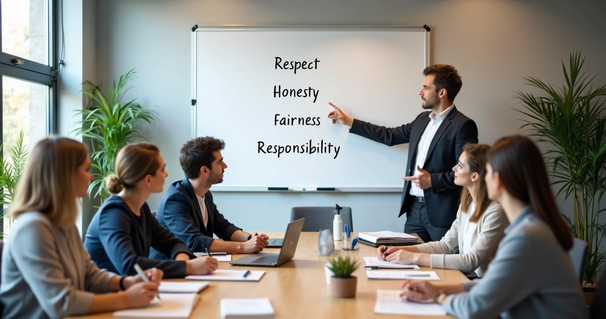 Team reviewing values on a board during a meeting