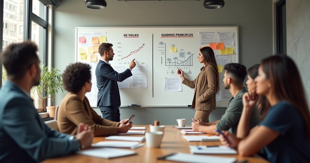 Team reviewing values and financial goals on a wall