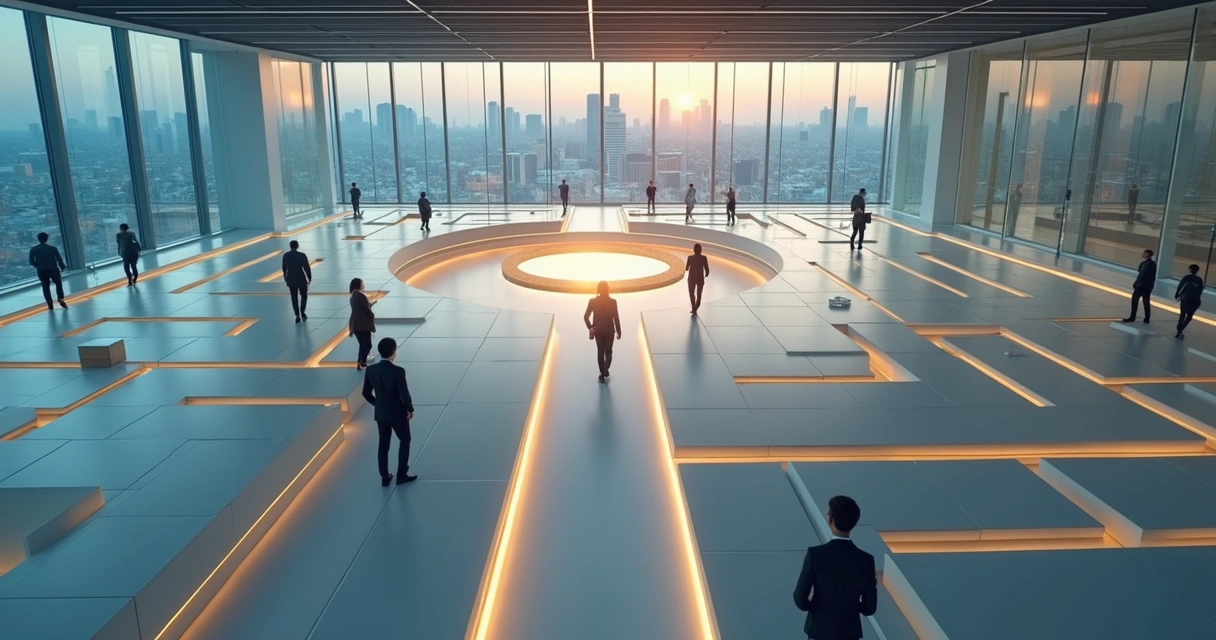 Team walking through large office floor maze toward shared glowing center 