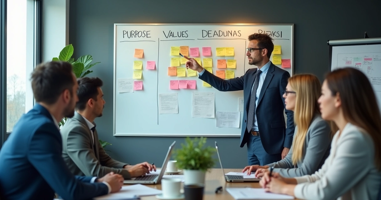 Project team reviewing values on a wall board 