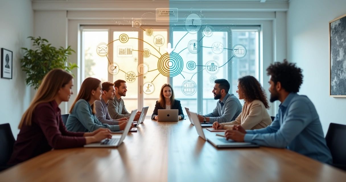 Business team at table connected by shared values icons and shared goals targets 