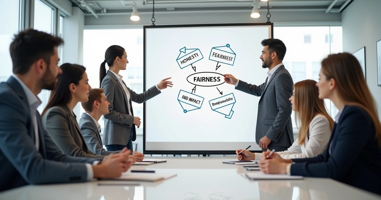Team discussing values on a whiteboard in a meeting room 