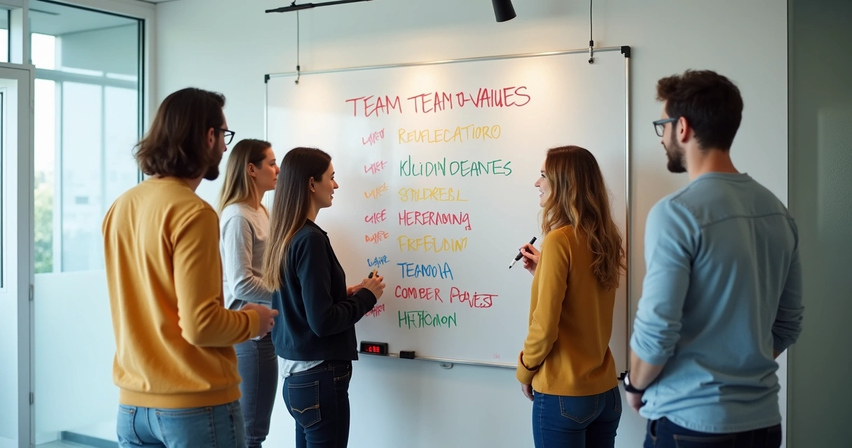 Team writing shared values on a whiteboard