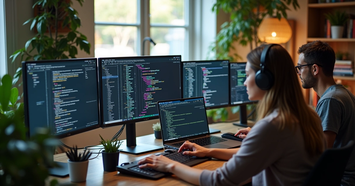 Developers in a remote video call with code on screens