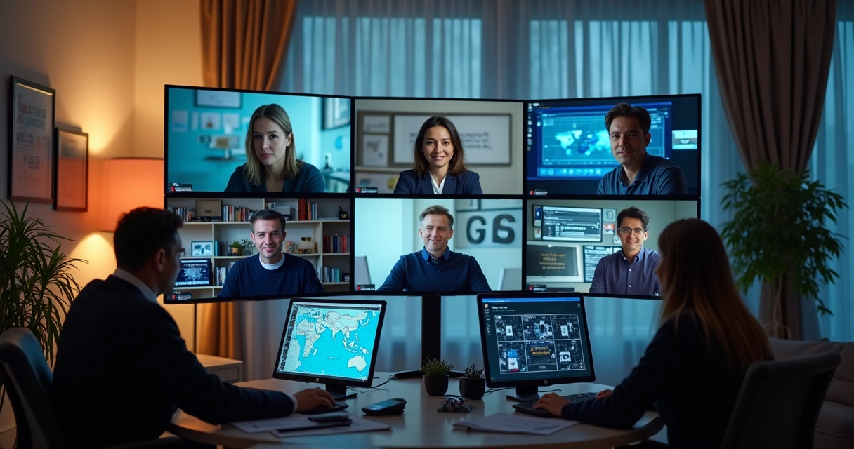 International cybersecurity team on a video conference call, multiple screens shown 