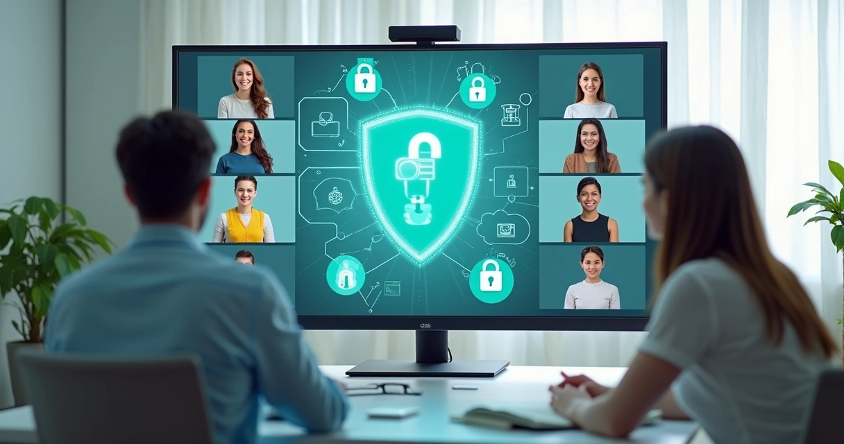 Virtual team receiving cyber security training on video call screen. 