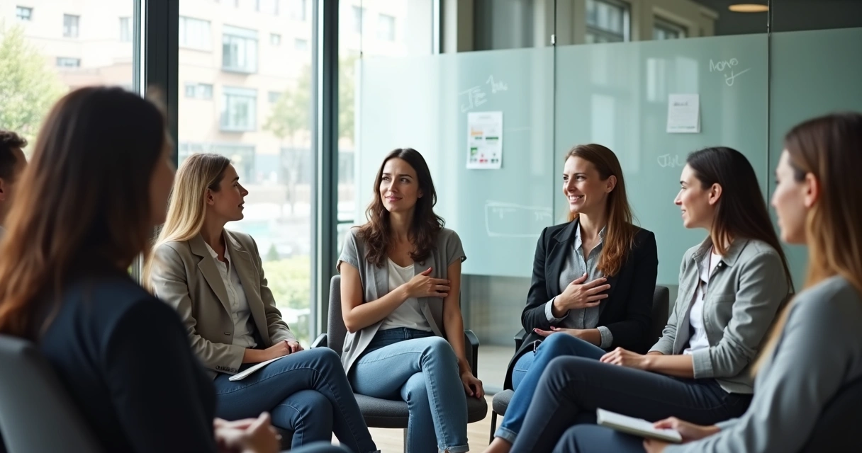 Professional team sitting in a circle during a workshop, several members opening up about challenges. 