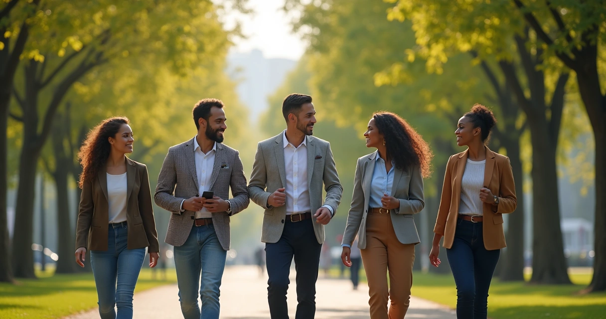 Team walking outside discussing business decisions