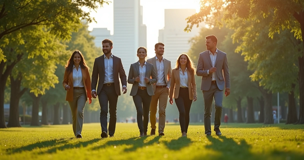 Group of business professionals taking a mindful walk in city park