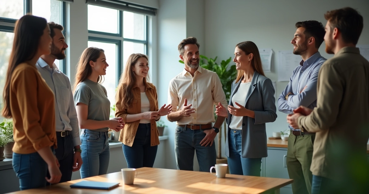 Team in a welcome circle during a workplace ritual 