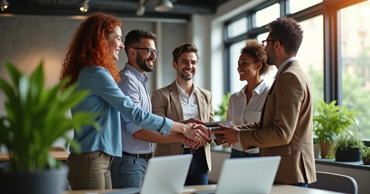 A group of colleagues in an office warmly greeting a new team member with smiles and handshakes.