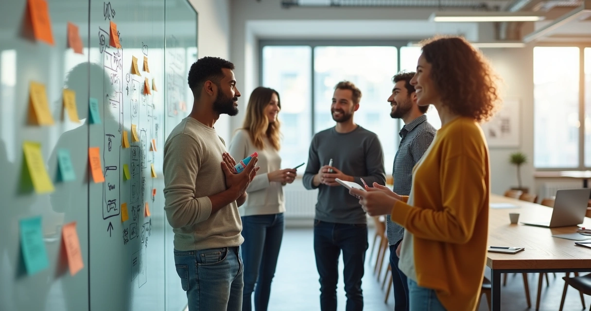 Diverse creative team calmly collaborating at a whiteboard with colorful ideas 