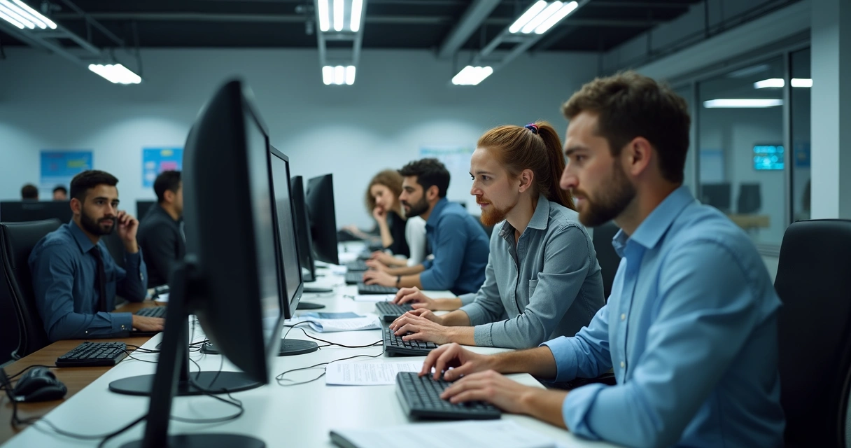 Equipe de TI tentando consertar computador durante o expediente 