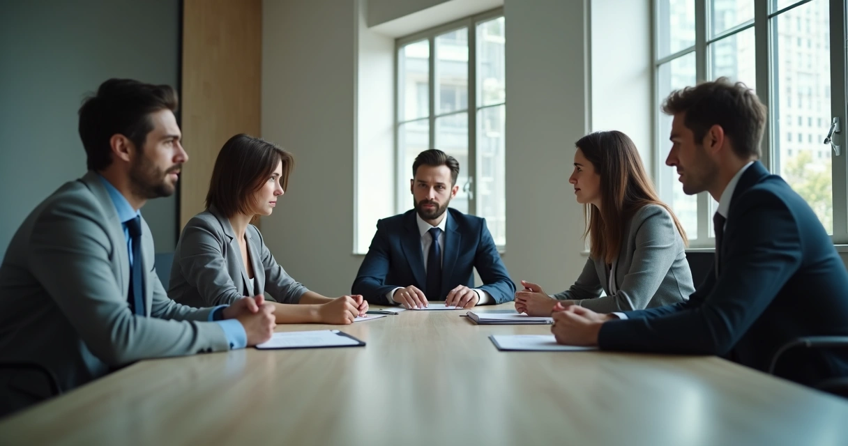 Work meeting with diverse team, two people looking away and tense, others trying to contribute 