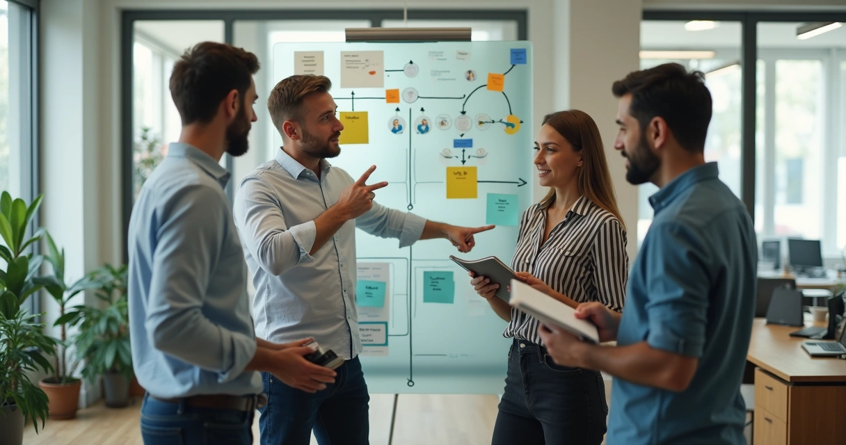 Team reviewing tasks on a glass board in a calm office