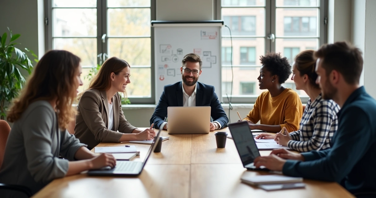 Diverse team working calmly at a large desk with laptops and papers 