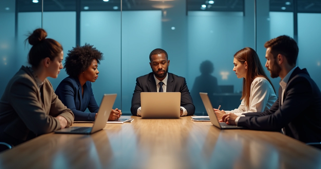 Team sitting around table, body language showing subtle tension 
