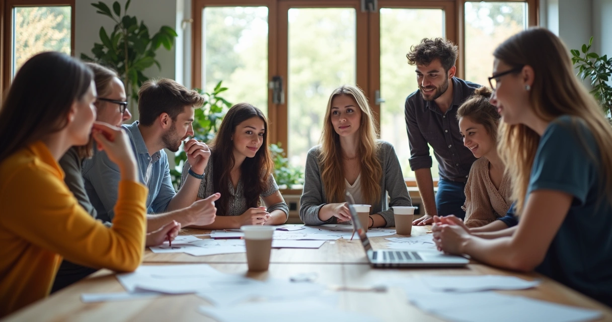 Team collaborating and sharing ideas around a desk 
