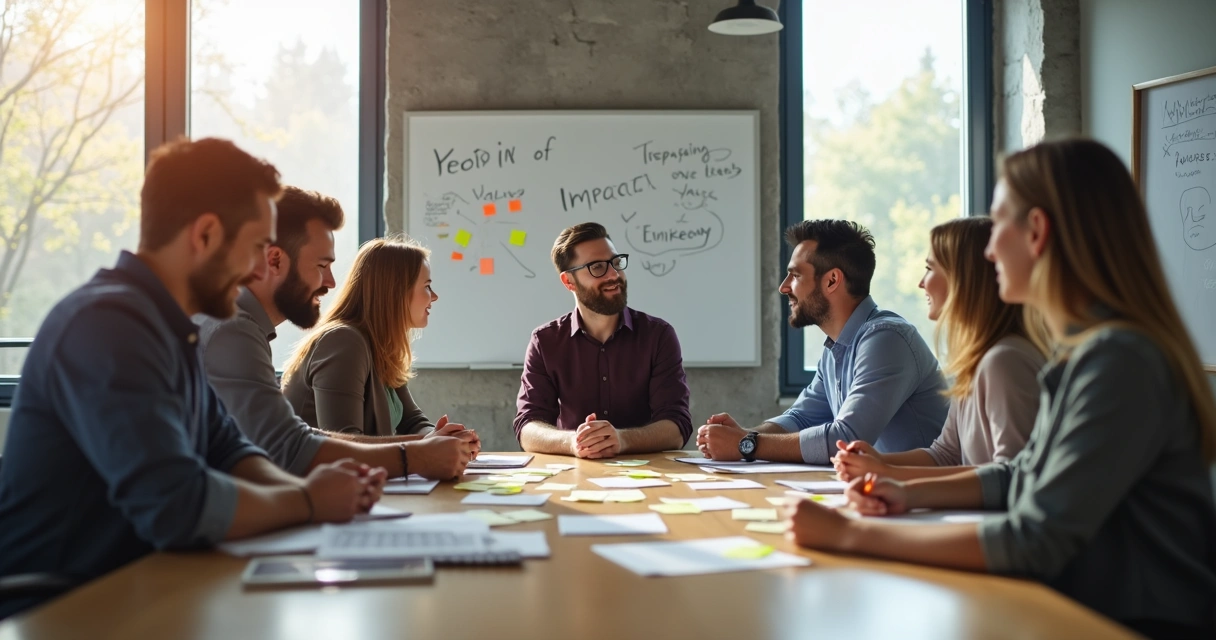 Colleagues around a table discussing ideas 