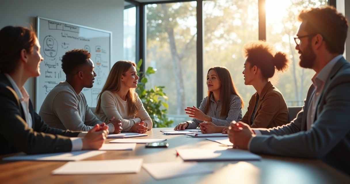 Team in a boardroom actively discussing different opinions. 