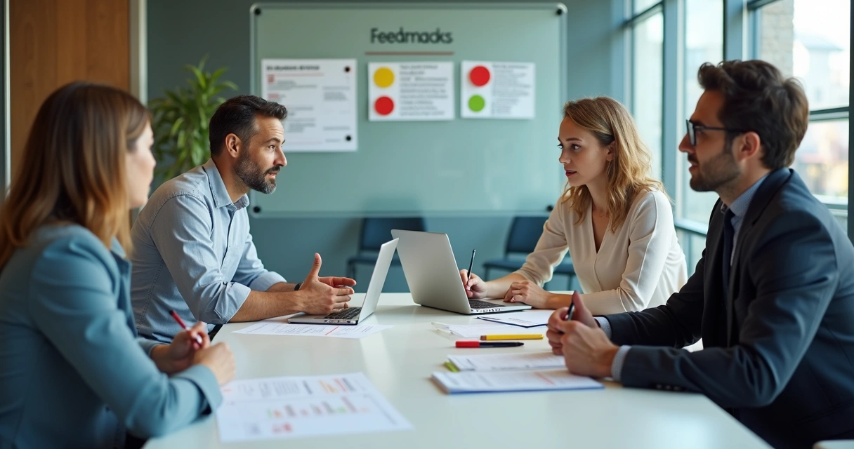 Two teams in a meeting reviewing feedback notes together 