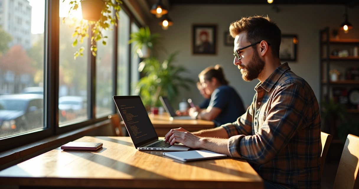 Freelancer working at coffee shop with laptop and headphones