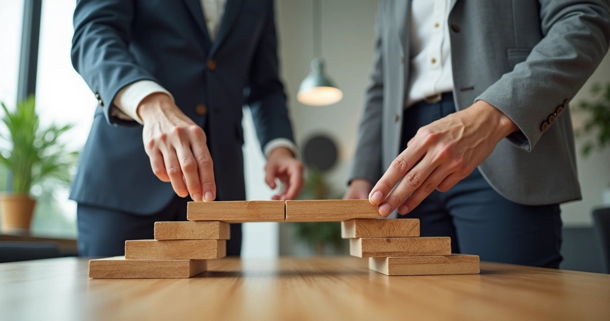 Colleagues rebuilding a symbolic bridge together in an office 