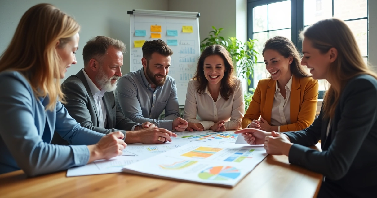 Team of diverse employees brainstorming around a table with documents and charts 