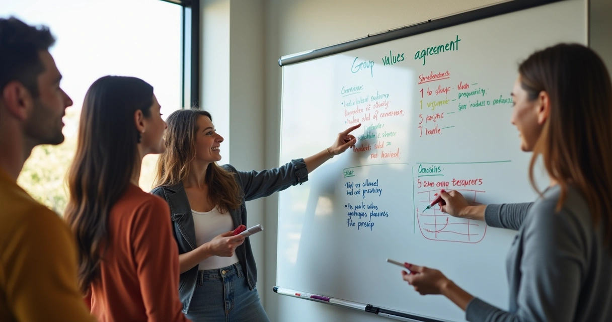 Team discussing values and agreements on a whiteboard in an office 