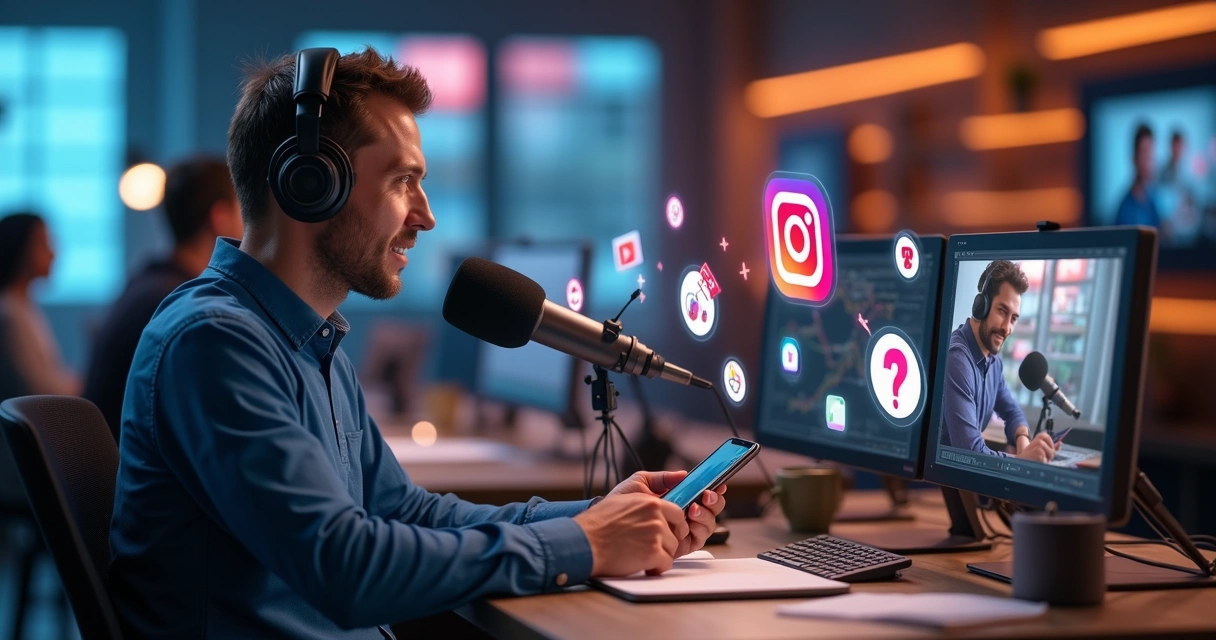 Podcaster compartilhando teaser em várias redes sociais 