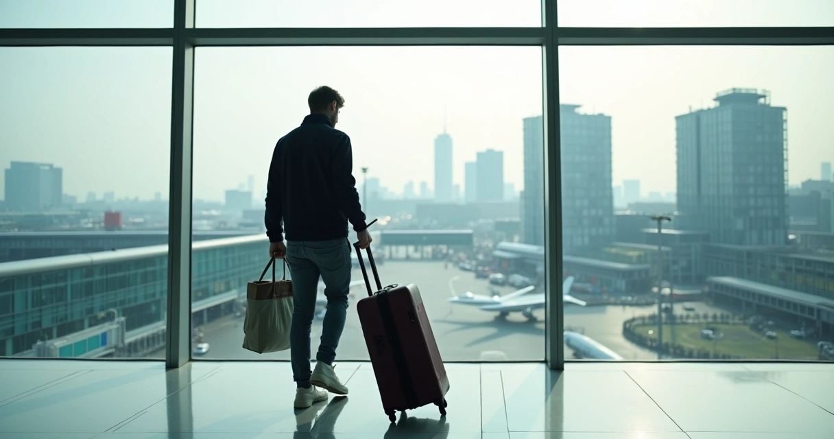 Tech employee arriving in Berlin airport, holding a suitcase, with city and office buildings visible through glass wall 