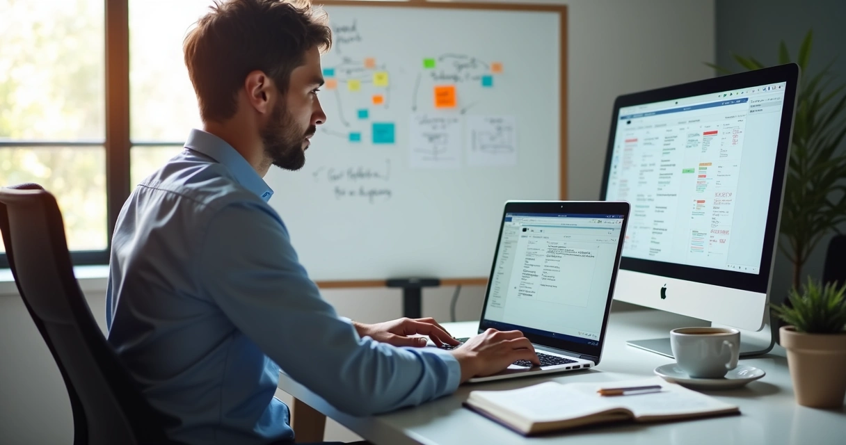 Tech founder working on agile backlog using digital task management tool on laptop 