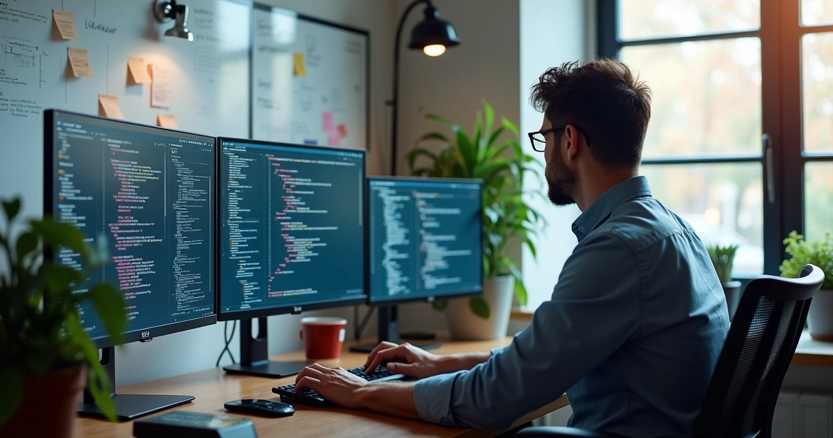 Ambiente de trabalho com um Tech Lead analisando tela com código e fluxos de projeto para evitar erros iniciais 