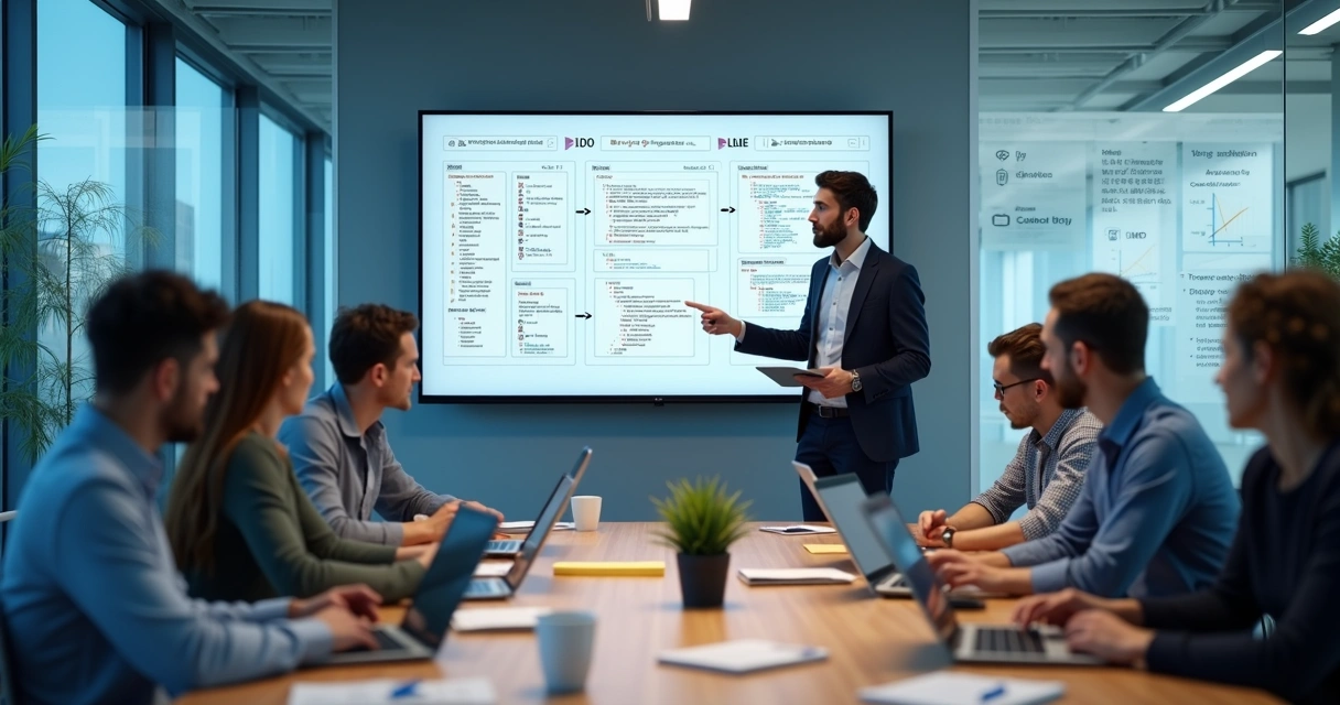 Tech Lead orientando equipe de desenvolvimento em projeto de software 