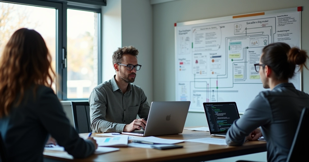 Profissional em ambiente de trabalho com laptop, quadro branco com diagramas técnicos e equipe colaborando ao fundo 