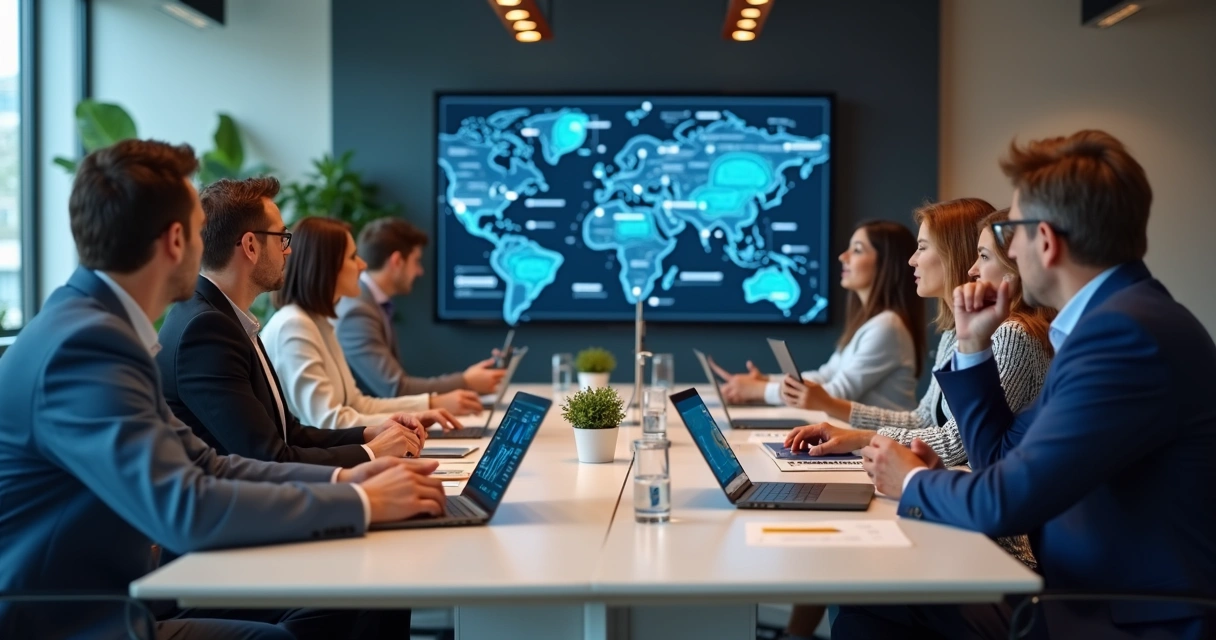 Team in office discussing technology strategy