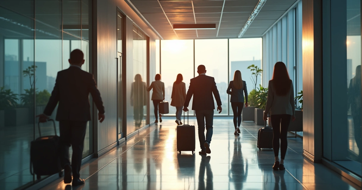 Tech employees gathering their belongings and leaving a modern office space 