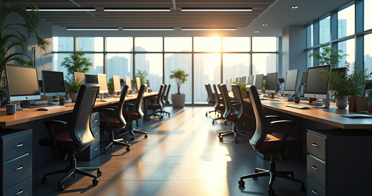 Empty desks in a modern tech office, personal items left behind 
