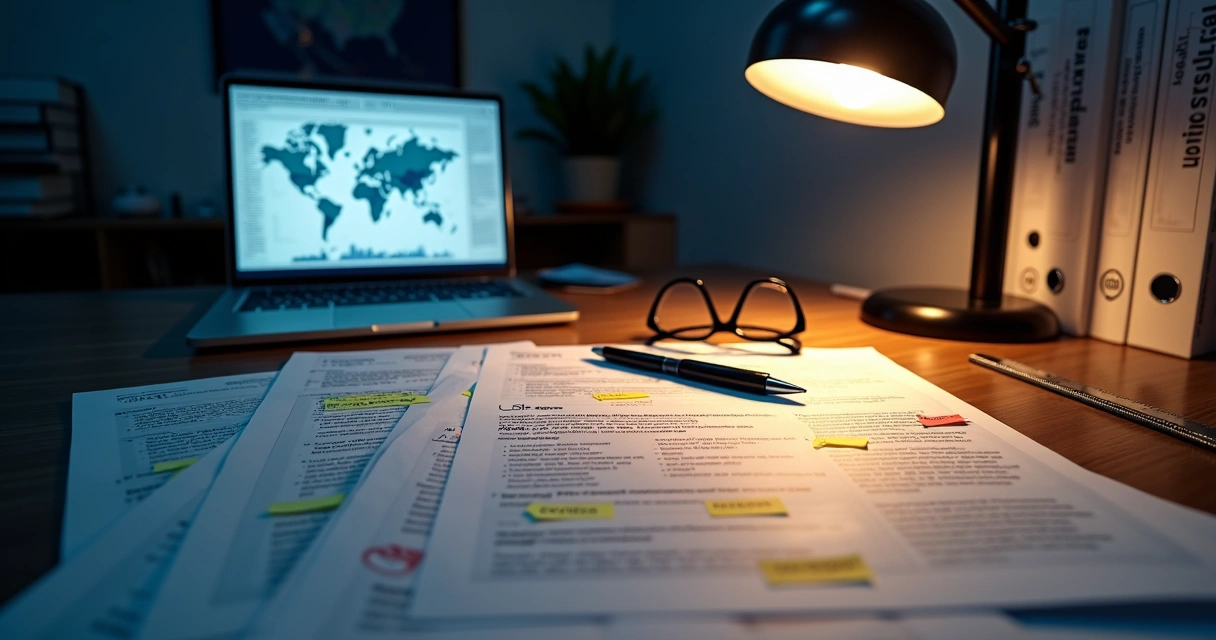 Organized desk with marked visa petition pages and laptop 