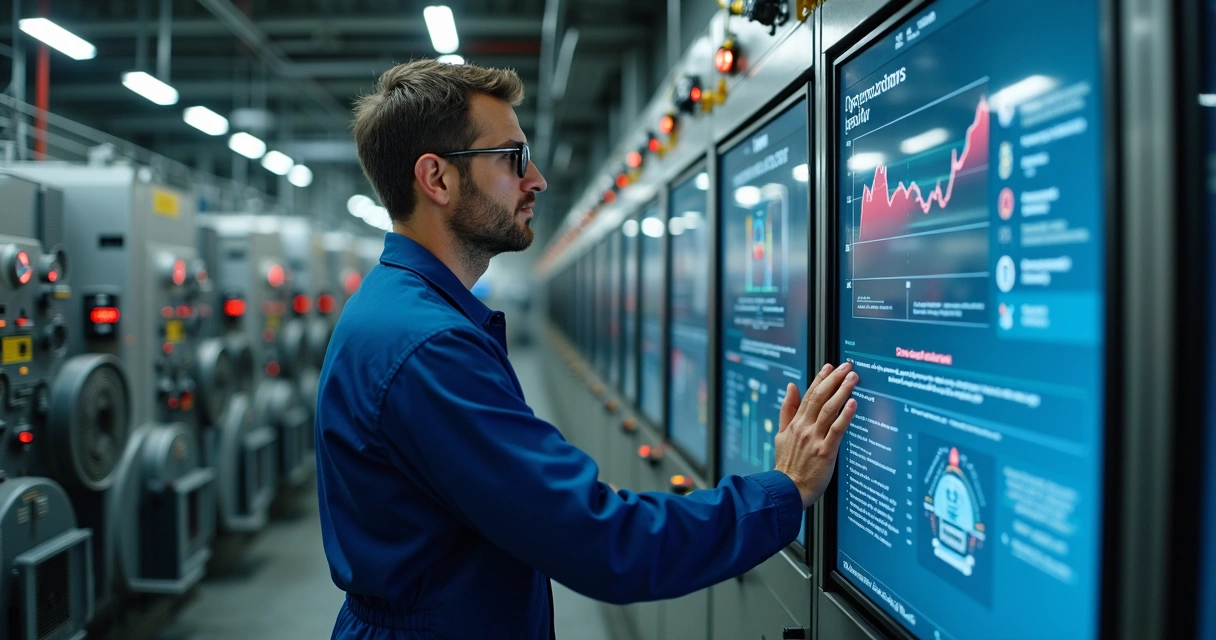 Technician checks AI dashboard beside control panel 