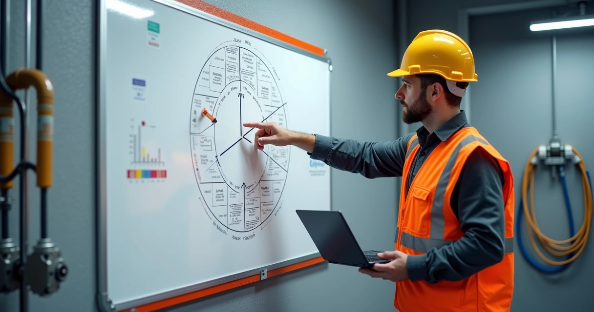 Technician mapping 5 whys on a whiteboard 