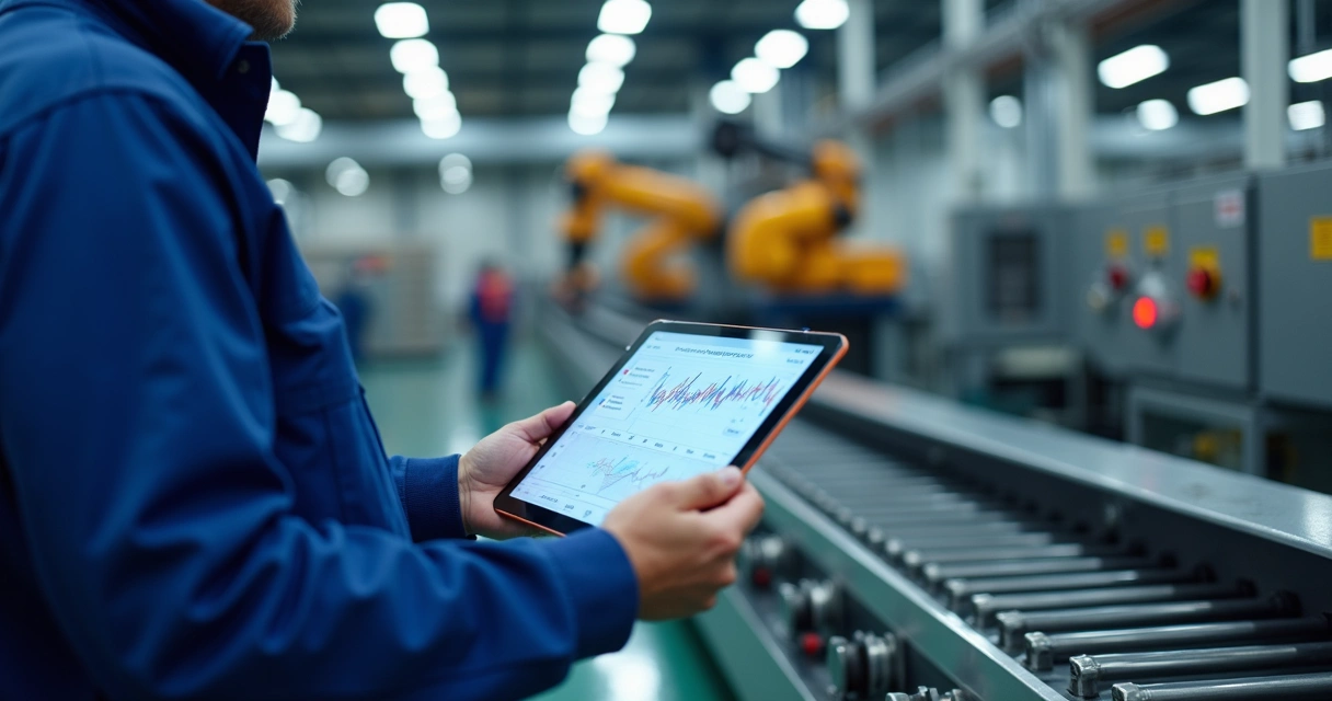 Maintenance technician reading data on a tablet 