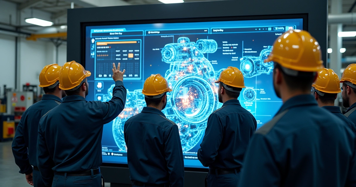 Technicians discussing data from a digital twin on a large interactive screen 