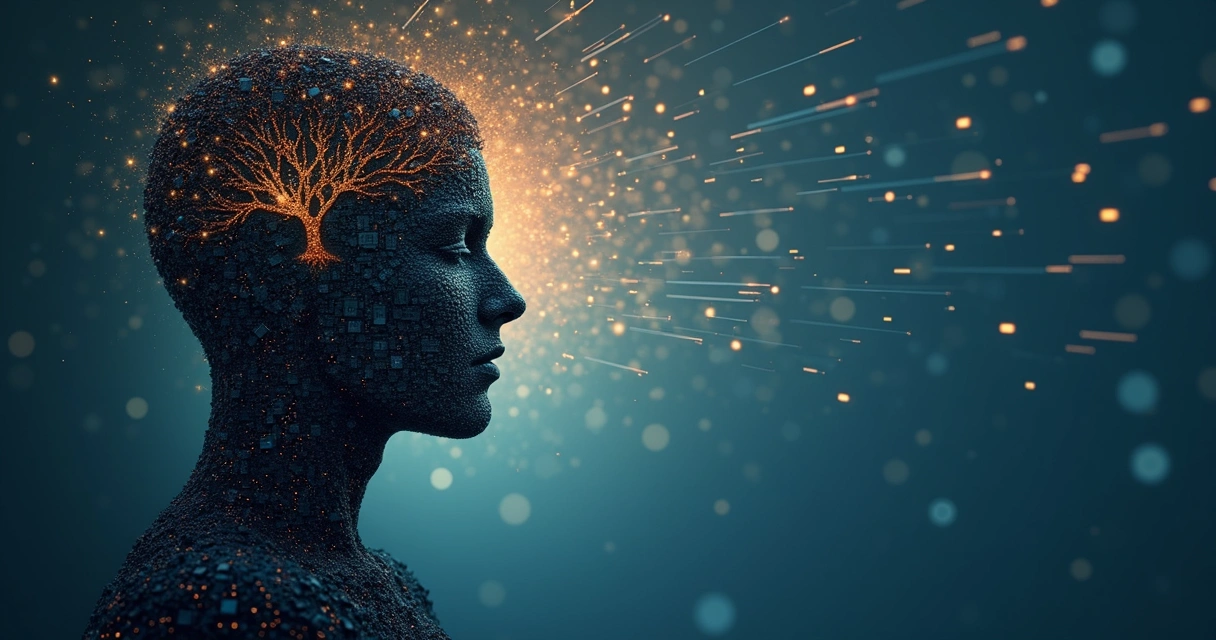Human silhouette dissolving into a mosaic of digital symbols and nature elements 