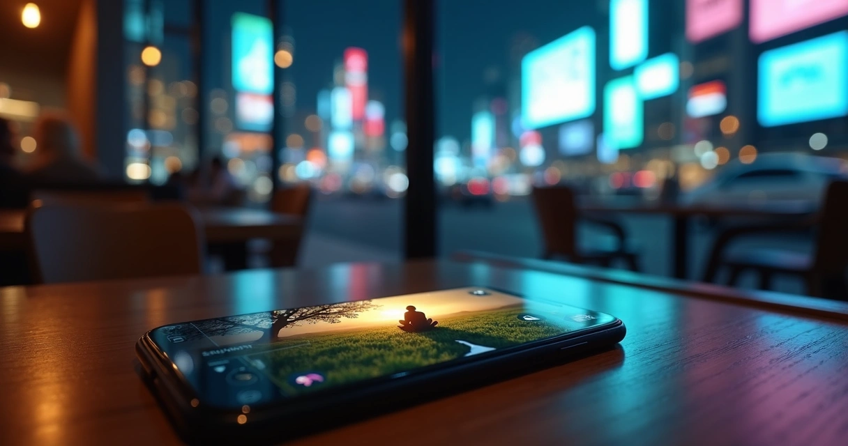 Split scene of person in city at night contrasted with mindful nature moment reflected on phone screen 
