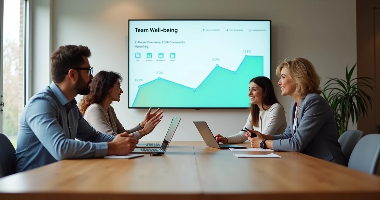 Diverse coworkers at a table with digital devices and an emotional well-being dashboard on a screen 