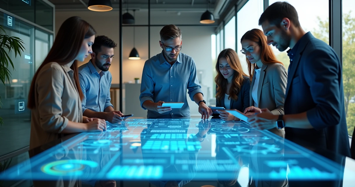 Technology team collaborating around a large digital touchscreen table showing data and charts 