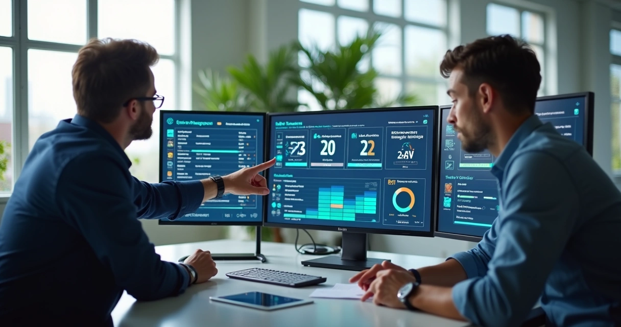 IT team collaborating in front of multiple screens showing ticket management system 